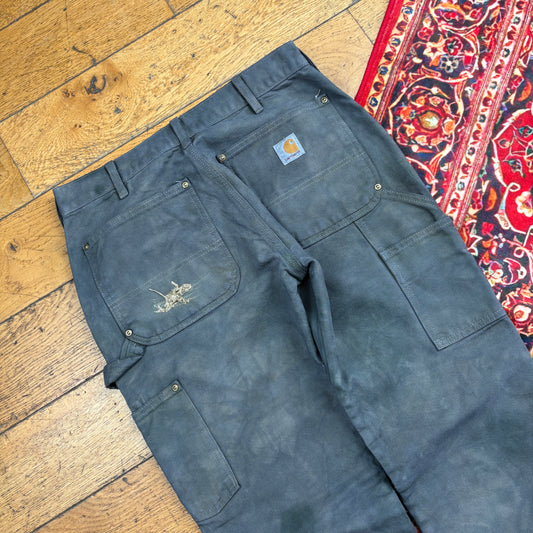 Vintage Carhartt Grey Double Knee Thrashed Workwear Carpenter Slim Trousers - 30