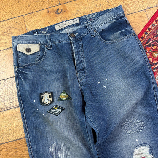 Vintage Blue Embroidered Y2K Hip Hop Baggy Jeans - 38