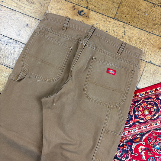 Vintage Dickies Workwear Carpenter Baggy Brown Trousers - 36