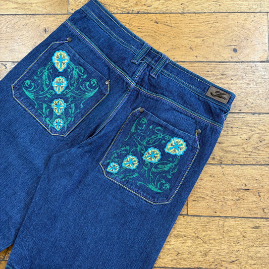 Vintage Floral Embroidered Blue Hip Hop Baggy Shorts Jorts - 34
