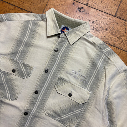 Vintage Soviet Cream Stripe Flannel Embroidered Shirt - XL