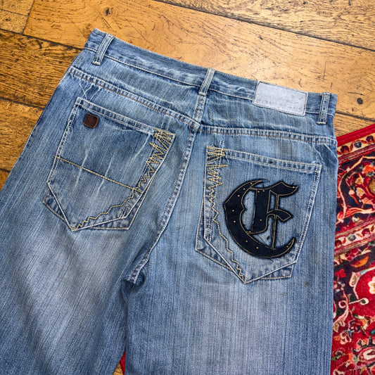 Vintage Echo Park Blue Embroidered Y2K Hip Hop Baggy Jeans Shorts Jorts - 36