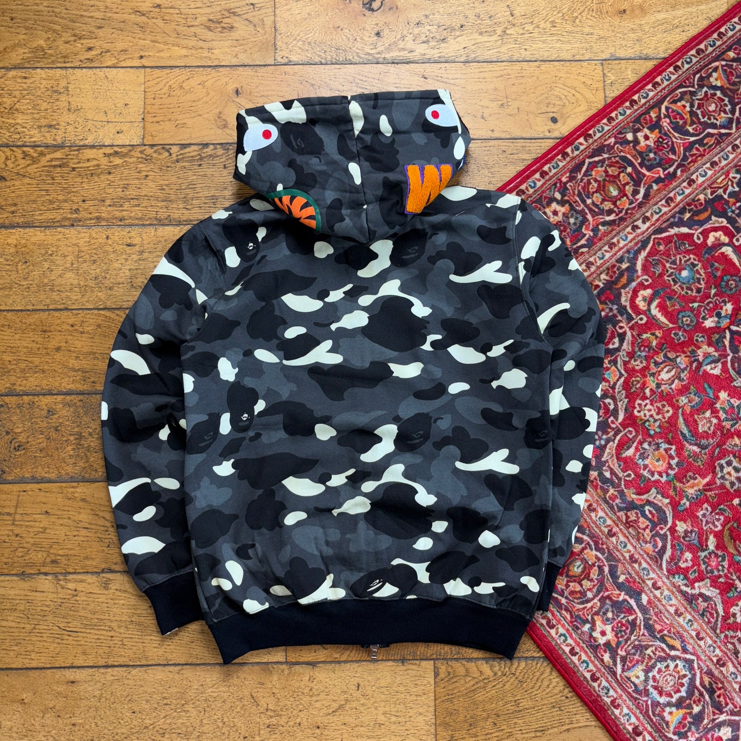 Vintage BAPE Bathing Ape Shark Camo Grey Black Hoodie Embroidered Sweatshirt - S