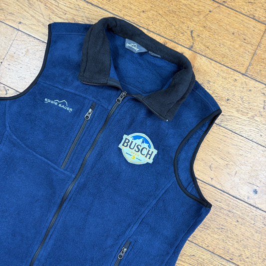 Vintage Eddie Bauer Busch Beer Navy Embroidered Fleece Gilet Vest Sweatshirt - M