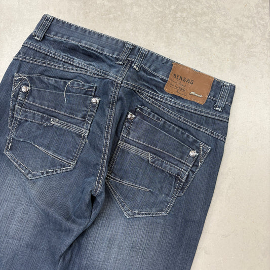 Vintage Embroidered Hip Hop Blue Baggy Jeans - 33