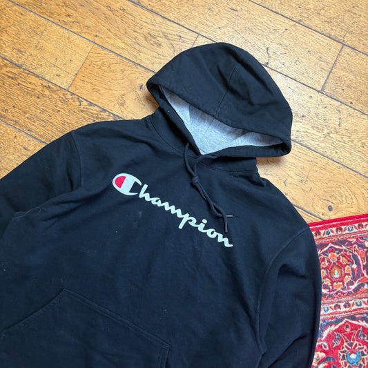 Vintage Champion Black Hoodie Sweatshirt - L