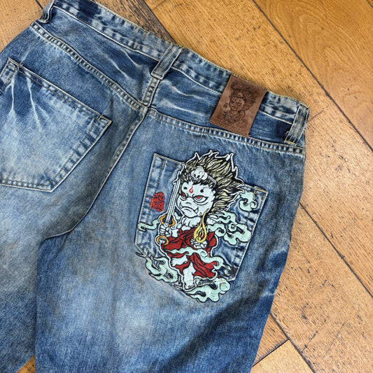 Vintage Jizo Embroidered Japanese Hip Hop Blue Shorts Jorts - 32