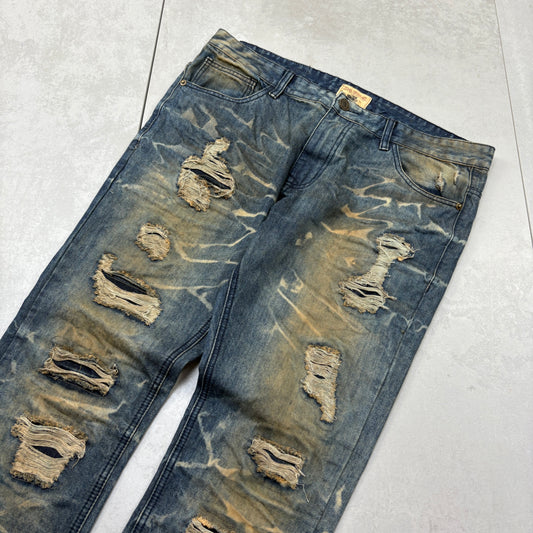 Vintage Distressed Mud Wash Hip Hop Straight Jeans - 38