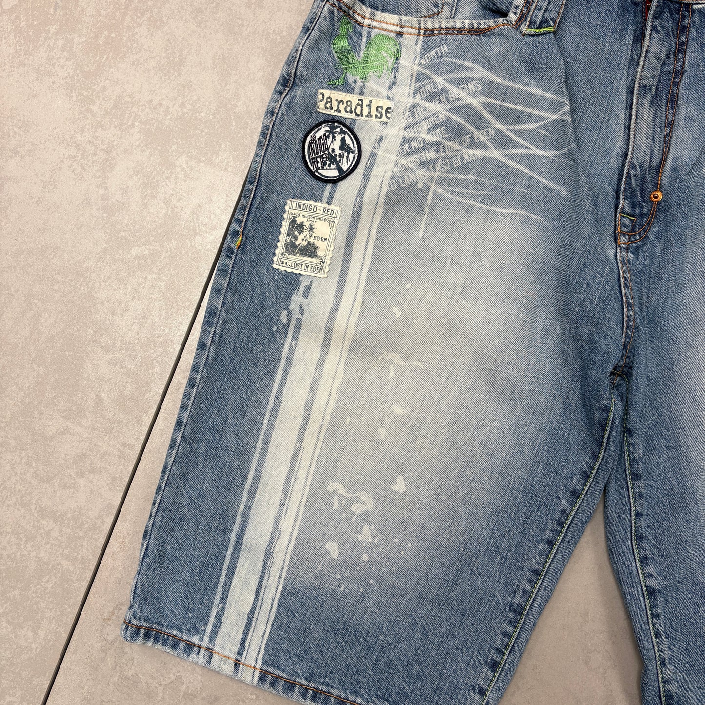 Vintage I-Red Embroidered Hip Hop Blue Baggy Shorts Jorts - 36