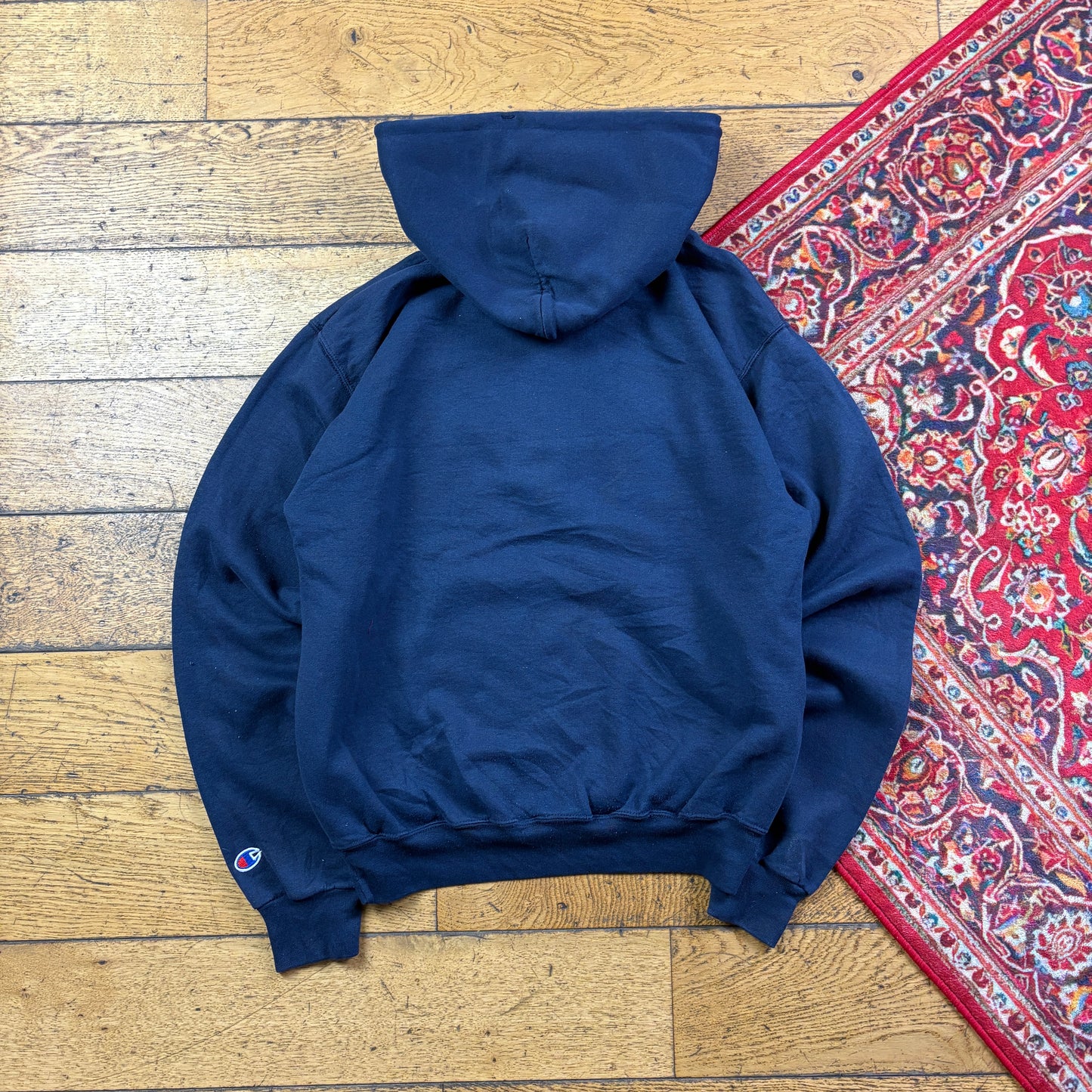 Vintage Champion Boxy Navy USA College Embroidered Hoodie Sweatshirt - S