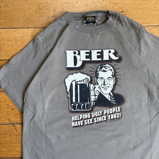 Vintage 1998 Funny Beer Slogan Single Stitch Grey Graphic T-Shirt - M
