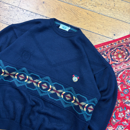 Vintage Wool Embroidered Navy Golf Chunky Knit Jumper - 2XL