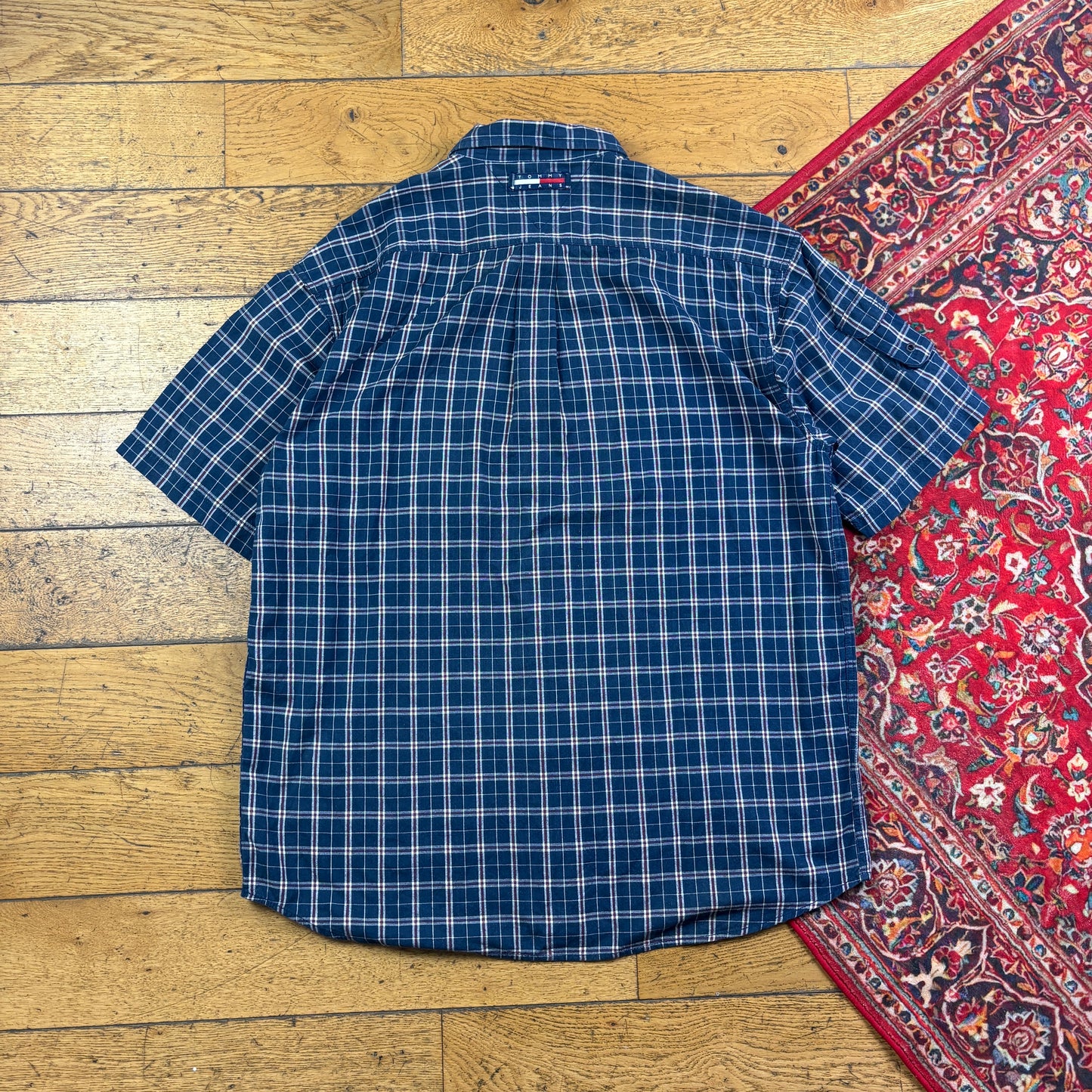 Vintage Tommy Jeans Hilfiger Navy Check Short Sleeve Boxy Embroidered Shirt - XL