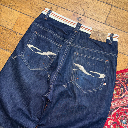 Vintage Embroidered Navy Blue Y2K Hip Hop Baggy Jeans - 38L