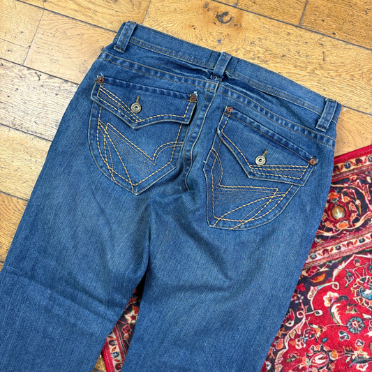 Vintage Nobo Blue Embroidered Y2K Hip Hop Bootcut Baggy Jeans - 36