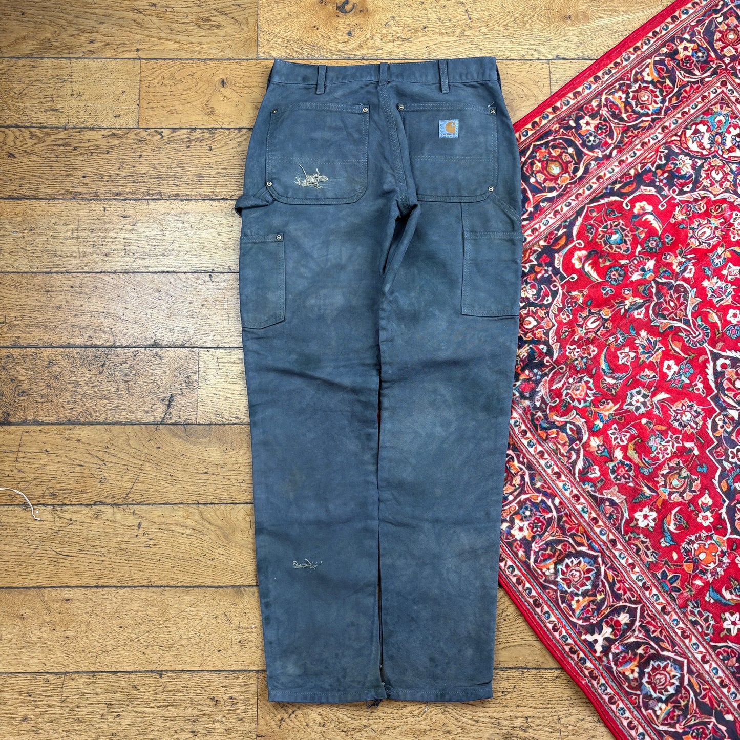 Vintage Carhartt Grey Double Knee Thrashed Workwear Carpenter Slim Trousers - 30