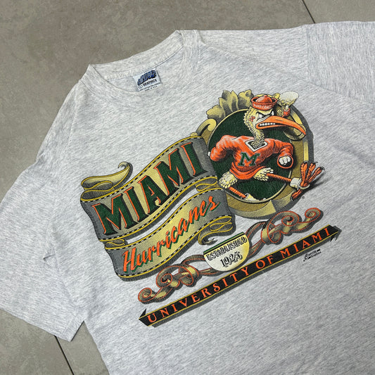 Vintage 90s Miami Hurricanes NFL Single Stitch Graphic Grey T-Shirt - L