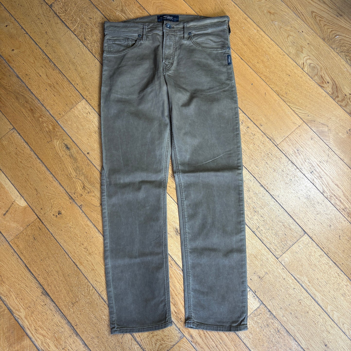 Vintage Silver Jeans Co Embroidered Green Khaki Hip Hop Straight Jeans - 35