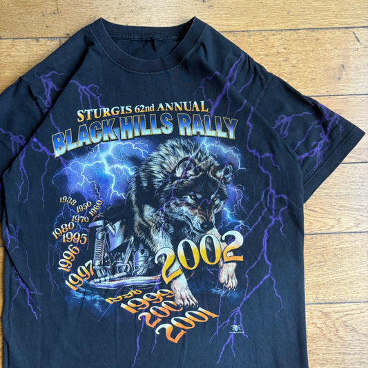 Vintage 2002 Motorbike Wolf Lightning Graphic Black T-Shirt - M