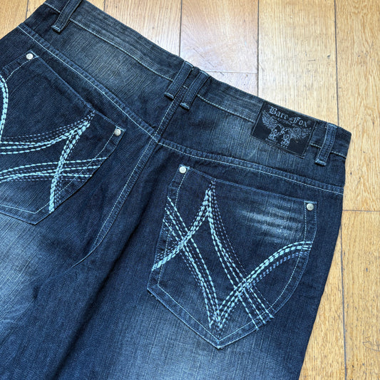 Vintage Embroidered Hip Hop Black Baggy Shorts Jorts - 42