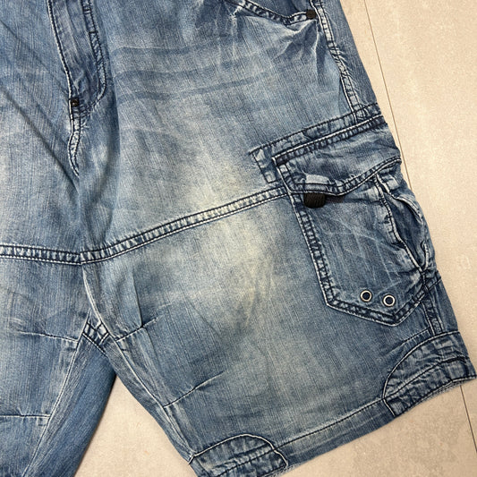 Vintage Hip Hop Double Knee Blue Cargo Baggy Shorts Jorts - 34