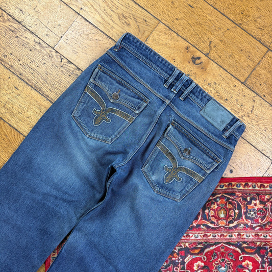 Vintage Rock Revival Blue Embroidered Y2K Hip Hop Baggy Jeans - 36
