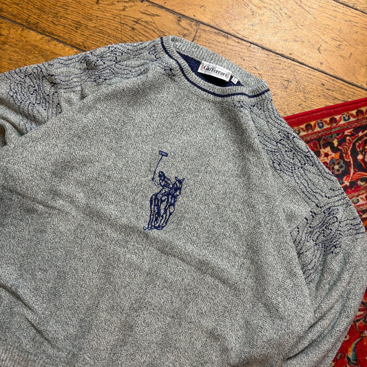 Vintage Gio Ferrari Grey Polo Embroidered Chunky Knit Jumper - XL