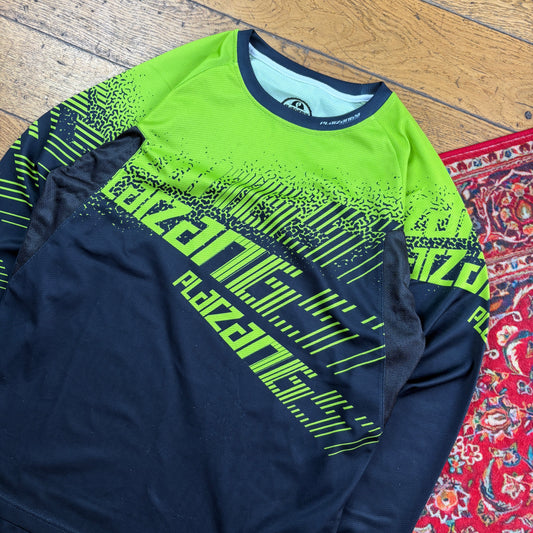 Vintage Plarzang57 Black Green Cycling Long Sleeve Sports Graphic T-Shirt - L