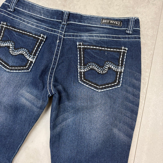 Vintage Embroidered Hip Hop Flared Blue Y2K Bootcut Baggy Jeans - 38