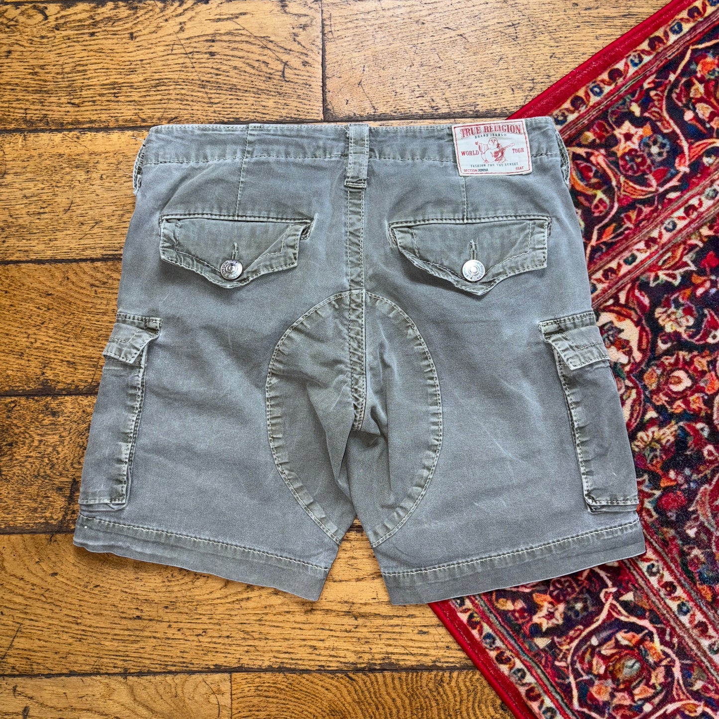 Vintage True Religion Green Y2K Hip Hop Cargo Jeans Shorts Jorts - 30
