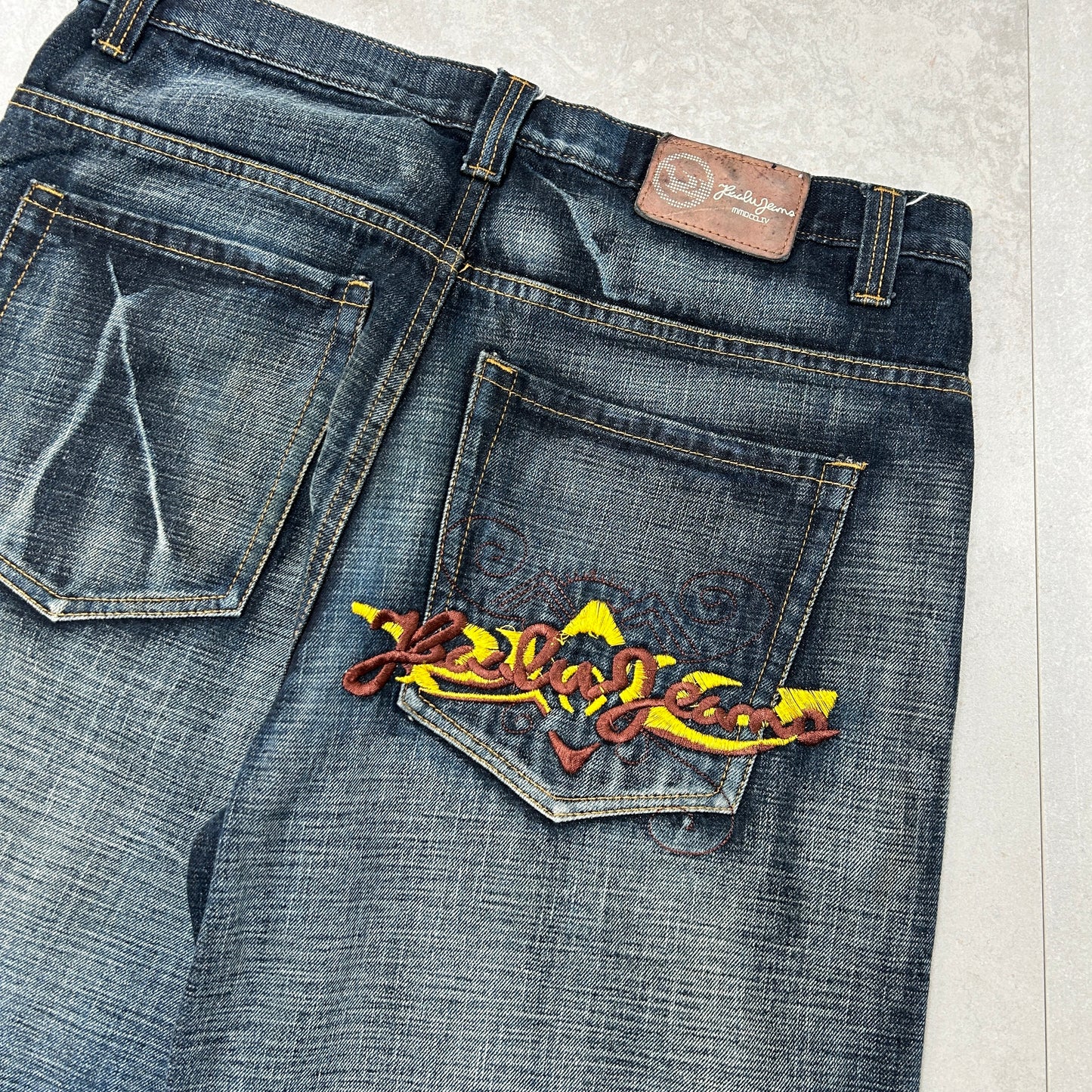 Vintage Kaalu Jeans Embroidered Hip Hop Baggy Blue Shorts Jorts - 38