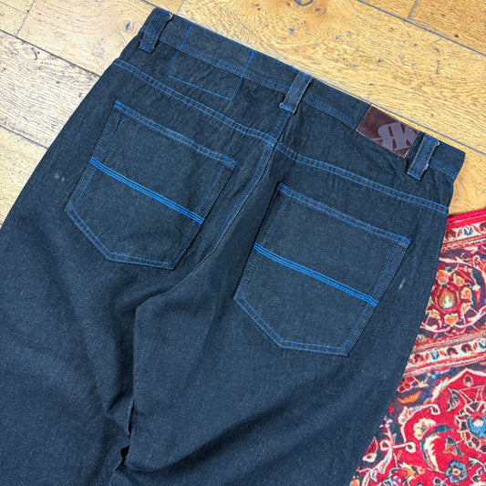 Vintage Black Contrast Stitch Embroidered Y2K Hip Hop Baggy Jeans - 38