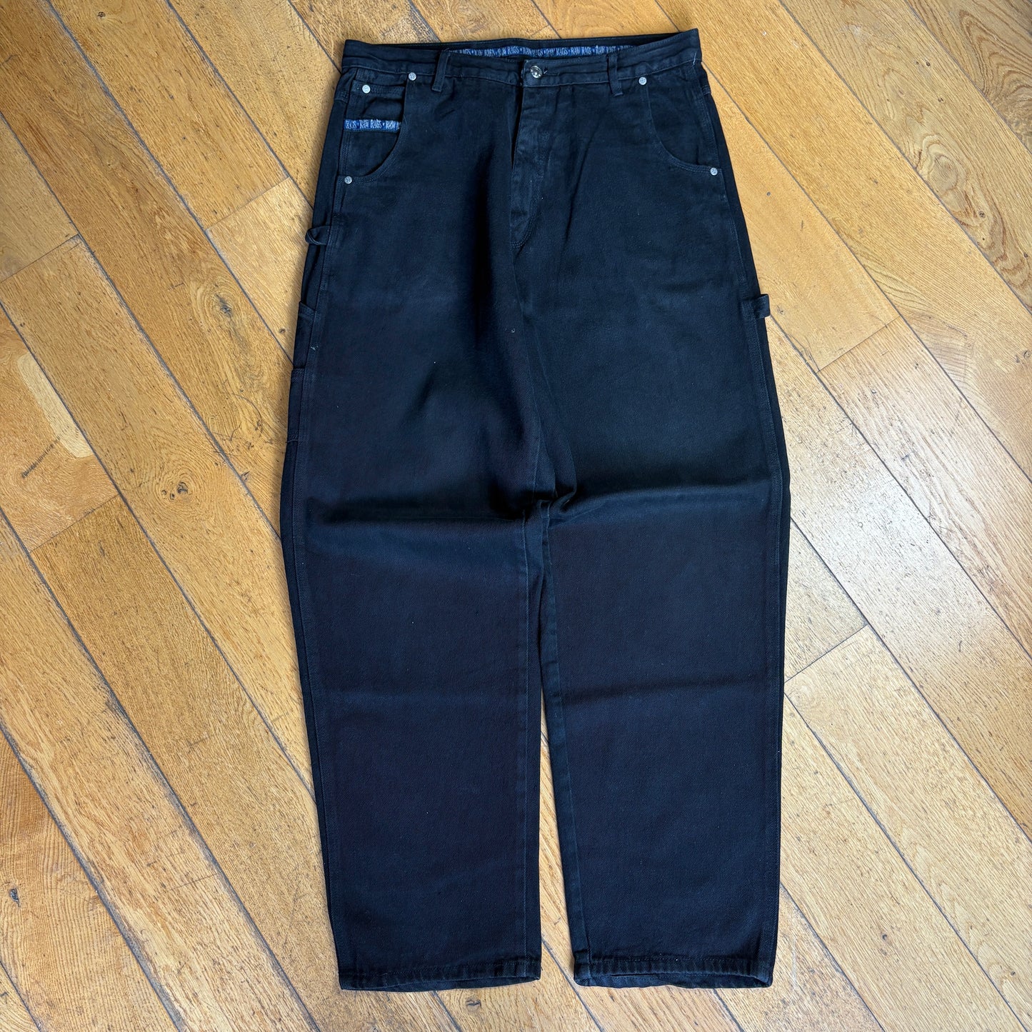 Vintage Raw Rags Embroidered Black Carpenter Hip Hop Baggy Jeans - 34