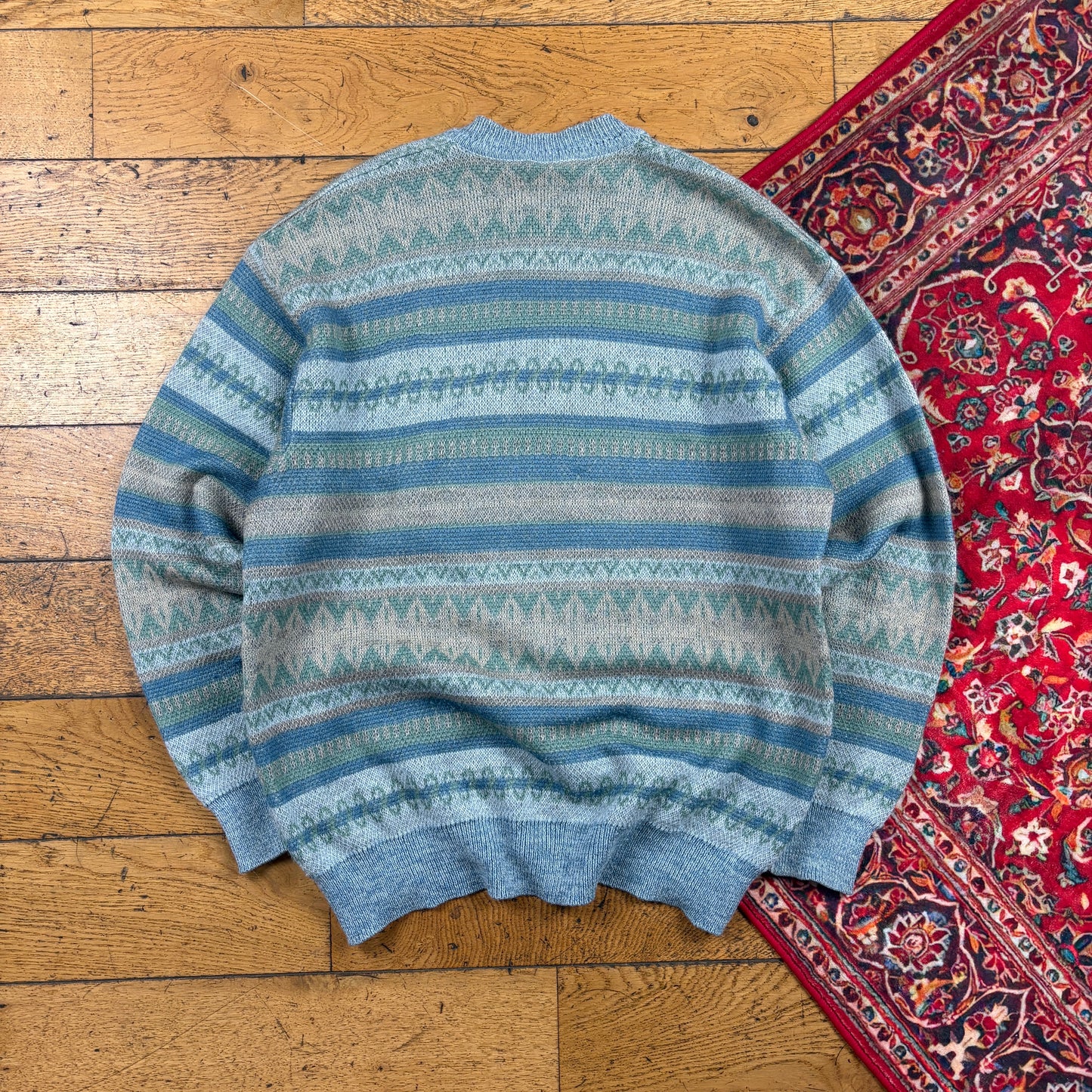 Vintage Blue Pattern Italian Chunky Knit Jumper - L