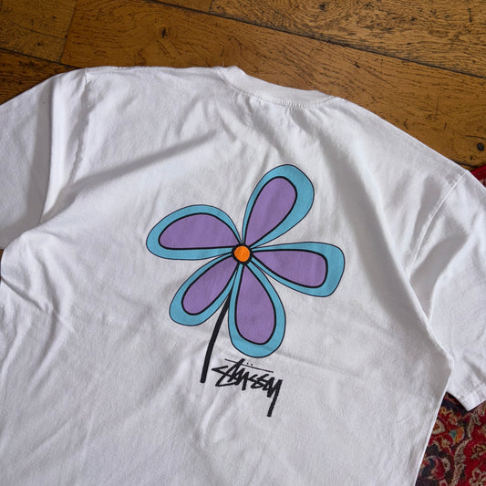 Vintage Stussy White Flower Surfwear Graphic T-Shirt - 2XL