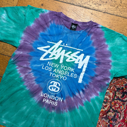 Vintage Stussy Tie Dye Blue Green Graphic T-Shirt - L