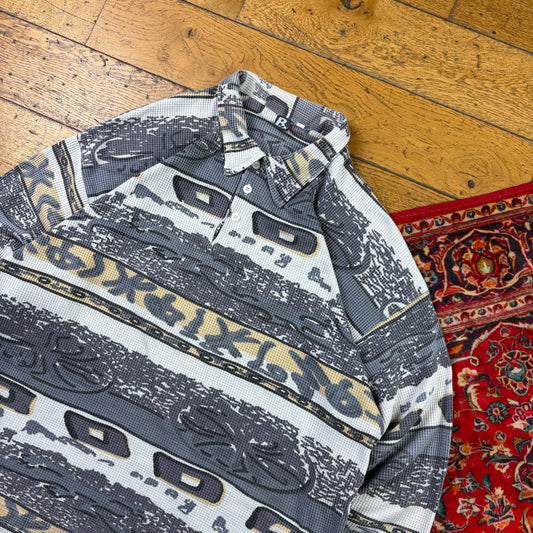Vintage Pattern Grey White Rugby Polo Shirt - XL