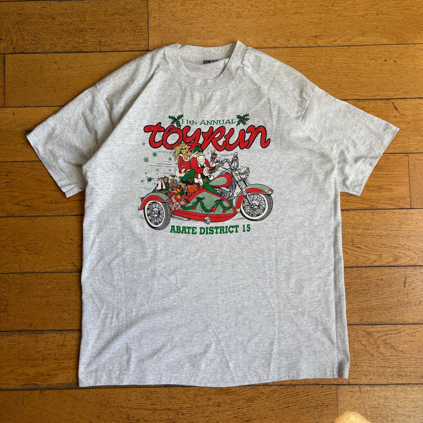 Vintage 90s Motorbike Santa Christmas Grey Single Stitch Graphic T-Shirt - L