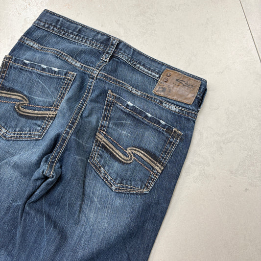 Vintage Silver Jeans Embroidered Hip Hop Blue Straight Jeans - 32