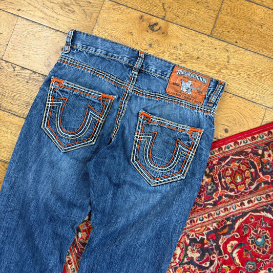Vintage True Religion Ricky Blue Embroidered Y2K Hip Hop Straight Jeans - 33