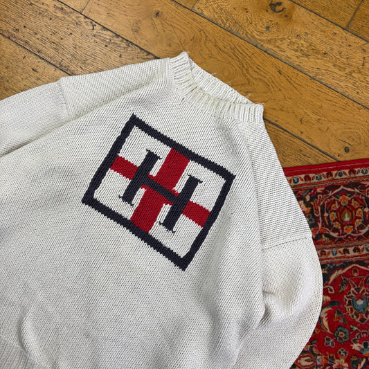Vintage Tommy Hilfiger England Flag Cream Chunky Knit Jumper - 2XL
