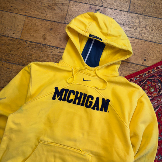 Vintage 90s Nike Swoosh Yellow Michigan Hoodie Embroidered Sweatshirt - L