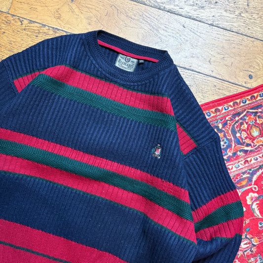 Vintage Navy Embroidered Stripe Chunky Knit Jumper - 2XL
