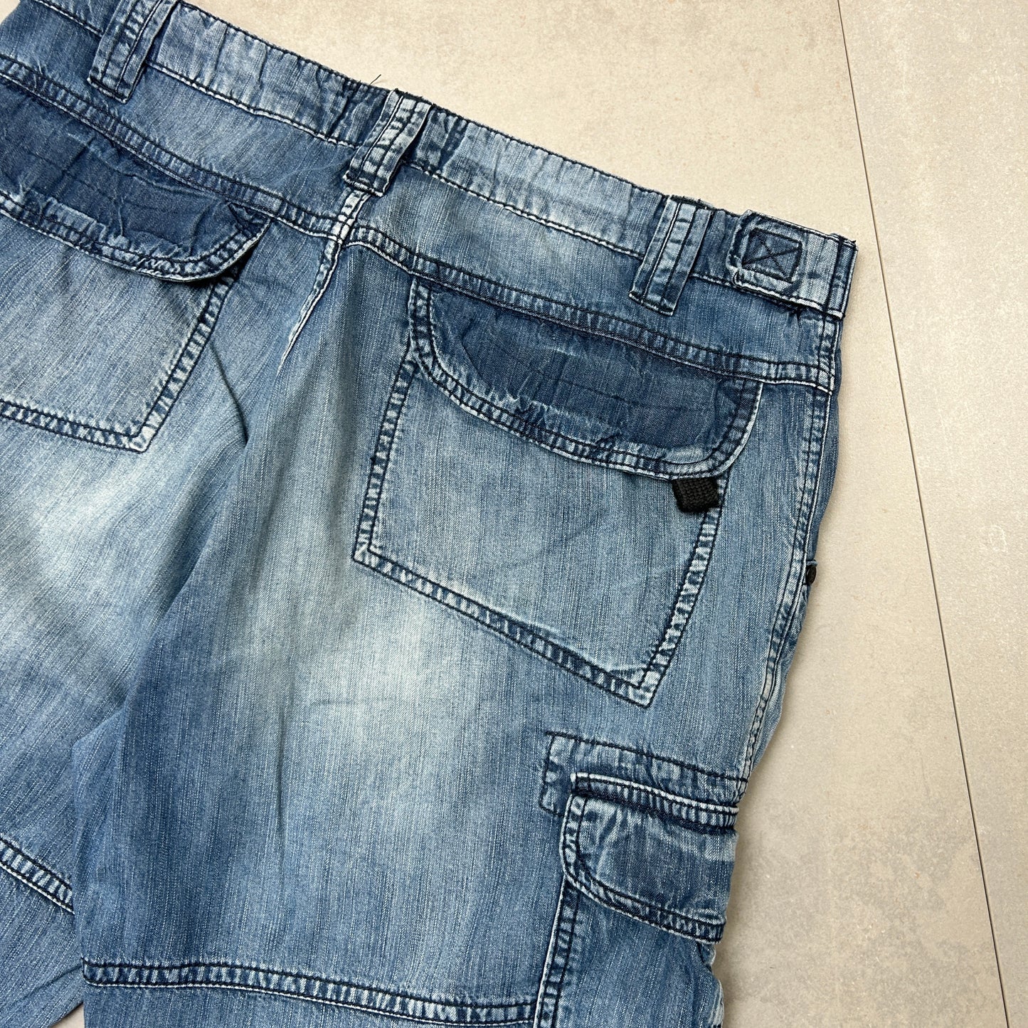 Vintage Hip Hop Double Knee Blue Cargo Baggy Shorts Jorts - 34