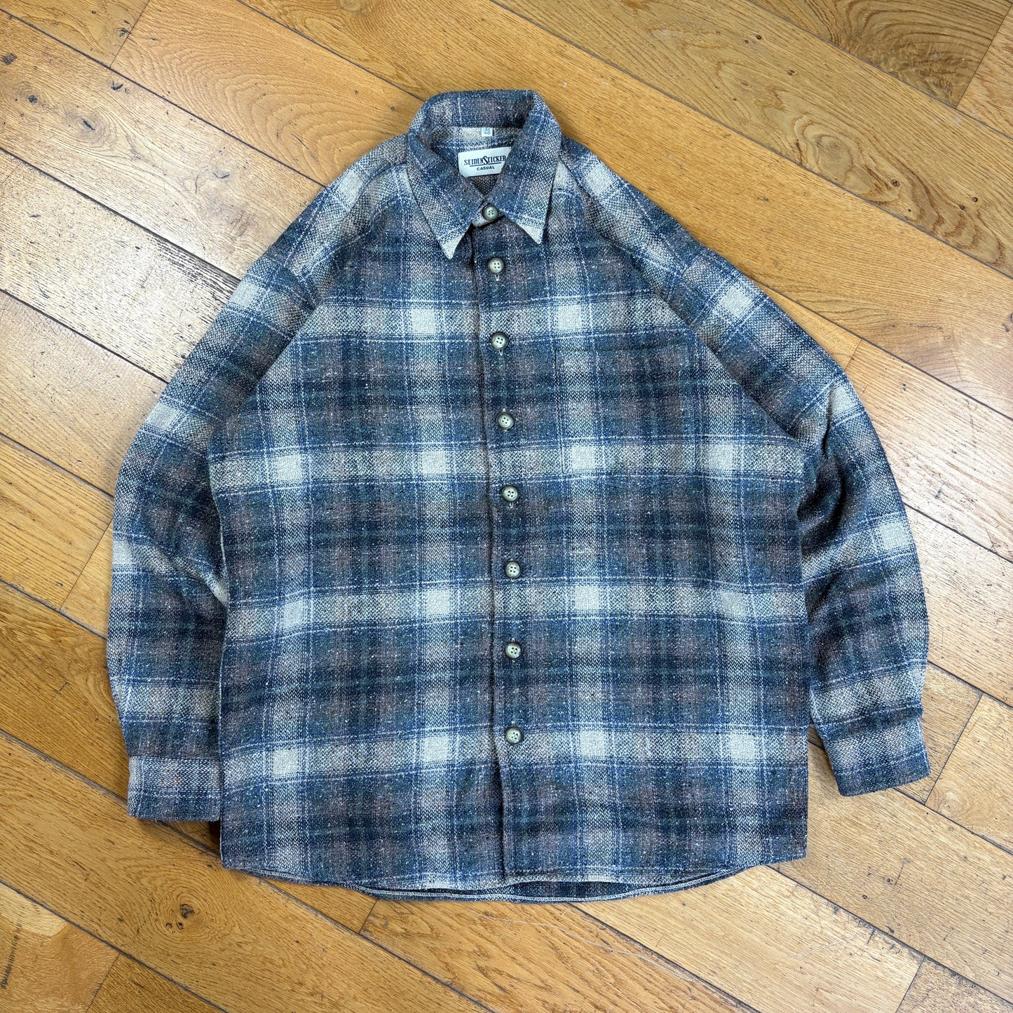 Vintage Seiden Sticker Check Flannel Grey Brown Shirt - M