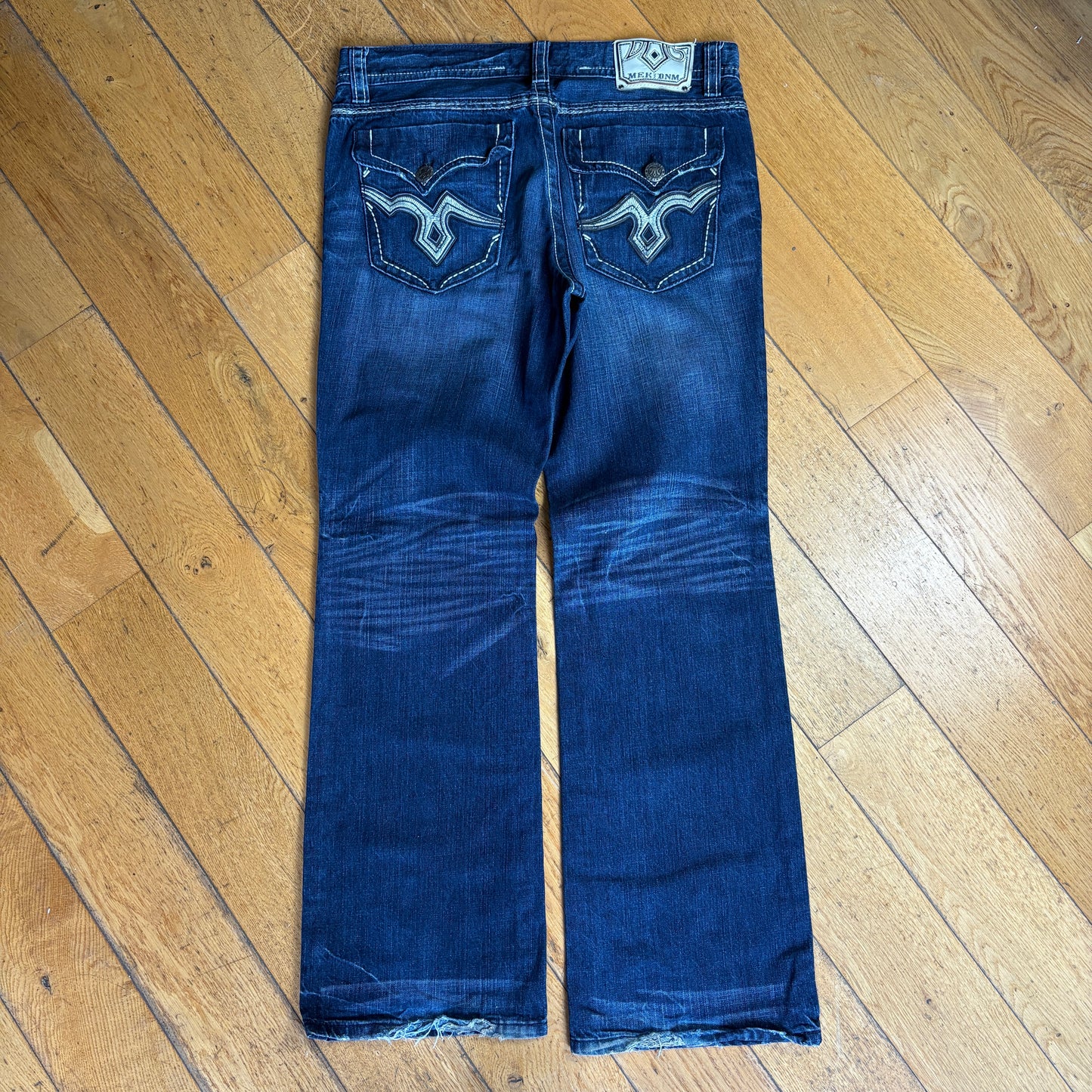 Vintage Mek Embroidered Hip Hop Blue Baggy Bootcut Jeans - 38