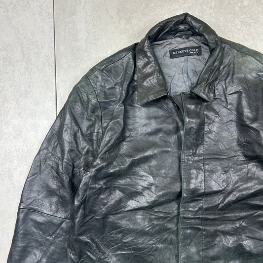 Vintage Trench Black Genuine Leather Bomber Jacket - M