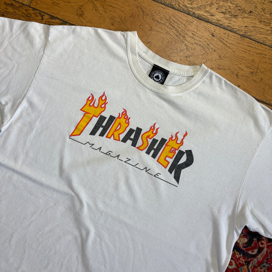 Vintage Thrasher Flames White Skate Graphic T-Shirt - XL