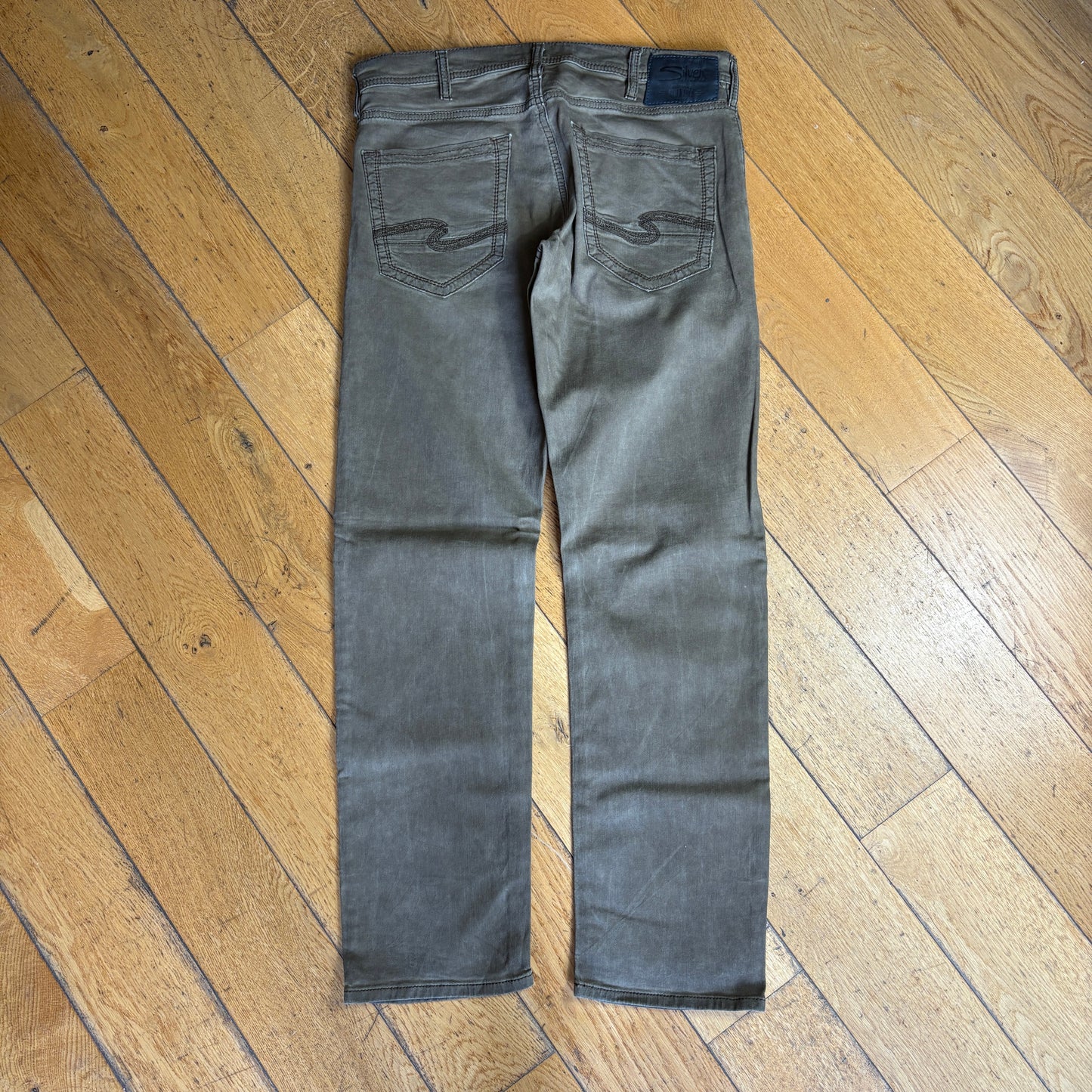 Vintage Silver Jeans Co Embroidered Green Khaki Hip Hop Straight Jeans - 35