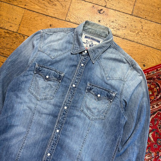 Vintage True Religion Blue Denim Embroidered Shirt - L